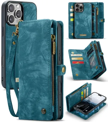 Produktbild von Schutzhülle für iPhone 16 Pro, Vintage Multifunktions Lederhülle, Kartenfächer, Reißverschluss Hülle Blau