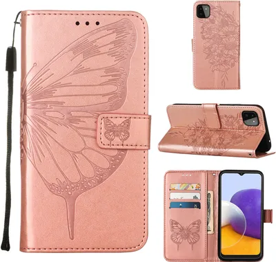 Produktbild von Galaxy A22 5G Hülle, Schmetterling Prägung Flip Leder Kartenfächer Schutzhülle Ledertasche mit Ständer für Samsung Galaxy A22 5G Roségold