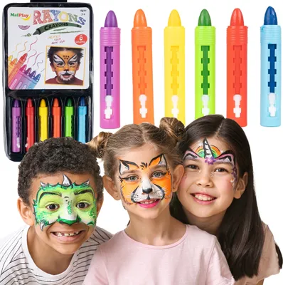 Obrázok produktu pre Malplay – farby na tvár, 6 farieb, detský make-up, karneval, narodeninové oslavy, detské párty, farebné ceruzky na maľovanie na tvár, umývateľné vodou