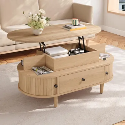 Image de Table basse Merax avec plateau relevable, table hydraulique, table de salon avec espace de rangement dissimulé, un tiroir, 2 portes coulissantes, 2 étagères, finition bois naturel