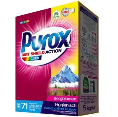 A box of Purox laundry detergent with a mountain landscape on the front.