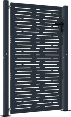 A dark grey metal garden gate with a perforated design, shown in a studio setting against a white background.
