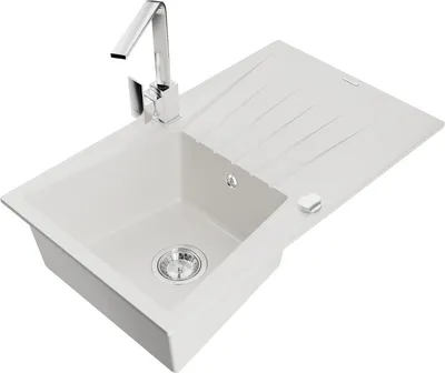 Produktbild von Mexen Cesar 1 Becken-Granitspüle mit Abtropffläche und Mischbatterie Rita, Weiß - 6514-20-670300-00