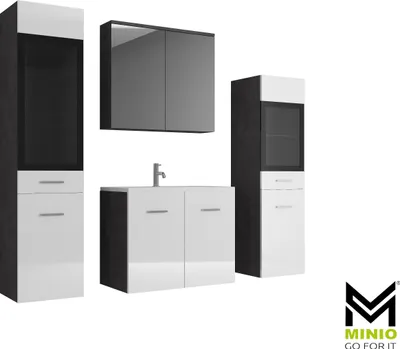 A set of modern bathroom furniture, including a tall cabinet, a wall-mounted cabinet, and a vanity with a sink and faucet, displayed against a white background.
