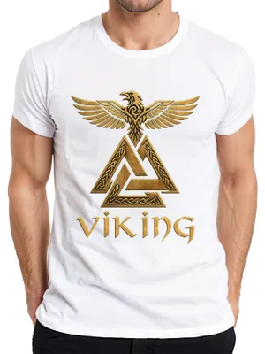 Immagine prodotto di T-shirt bianco, taglia L, con il simbolo del Valknut, il corvo, Odino, riferimenti alla mitologia nordica, guerrieri, Valhalla, e la scritta "Herren" (uomini)