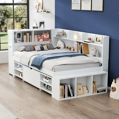 Produktbild von okwish Jugendbett Klassische Betten 90x200cm mit Schubladen, Bücherregal und Stauschrank, Plattformbett Holzbett Bettgestell mit Lattenrost,weiß
