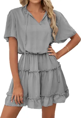 Produktbild von ASKSA Damen Kurzarm Kleid Elegant Rüschen Sommer V-Ausschnitt Tunikakleid Einfarbig Kleider, Grau, M