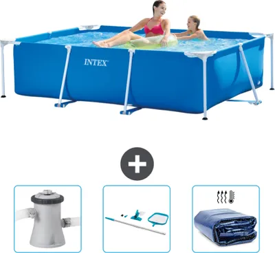 A rectangular blue Intex swimming pool with two people in it, accompanied by images of accessories.