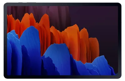 A tablet displaying a colorful abstract wallpaper.