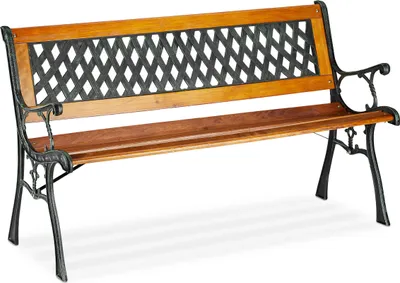 Produktbild von Relaxdays Gartenbank, 2-Sitzer, dekorative Rückenlehne, Gusseisen, Holzstreben, Parkbank, HxBxT 73 x 125 x 52 cm, natur