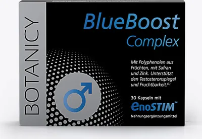 Produktbild von BLUE BOOST Complex, mit Safran, OPC, Maca, Zink, Ginseng, L-Arginin, Selen und Vitamin B6, für männliche Vitalität & Potenz