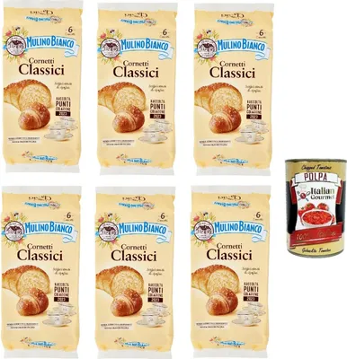 Produktbild von 6x Mulino Bianco Kuchen Cornetti Classici Croissant Snack ohne Konservierungszusätze Briosche 240g kekse + Italian gourmet polpa 400g