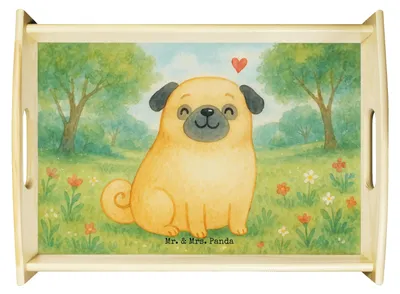 Produktbild von Mr. & Mrs. Panda tablett aus holz Mops Design - Weiß - Geschenk, Hundeliebe, Hund, Deko, sofatablett, Servierplatte, Servier, Holztablett, Knuffig, Liebe, Sprüche