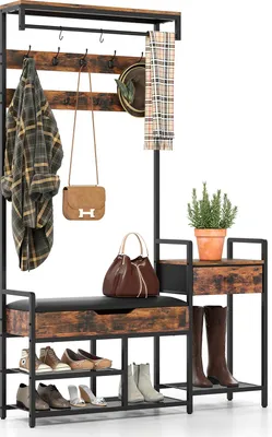 Produktbild von GOPLUS Garderobenständer mit Sitzbank, 5-in-1 Kleiderständer mit Schuhbank, Garderobe mit 12 Haken, offenen Regalen & Schublade, Rustikales Braun
