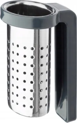 A tea strainer with a handle.