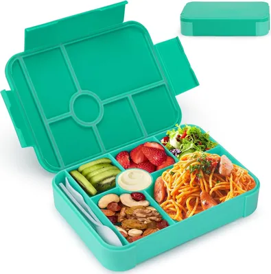 Produktbild von Brotdose Kinder mit Fächern,1350ml Lunch Bento Box Kinder,Lunchbox mit Besteck,Vesperbox,Brotzeitbox Brotbox Frühstücksbox Vesperdose Jausenbox Snackbox für Kindergarten,Schule & Ausflüge (Grün)