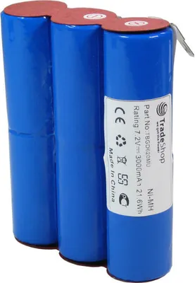 Three blue cylindrical batteries are shown side-by-side against a white background. A label is attached to the rightmost battery.