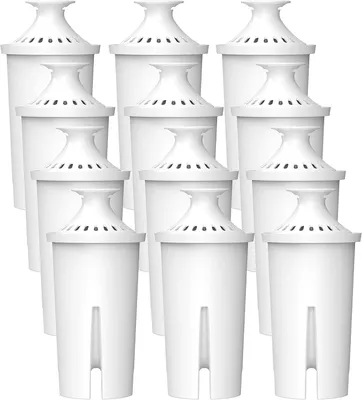 A group of white water filter cartridges arranged in rows.