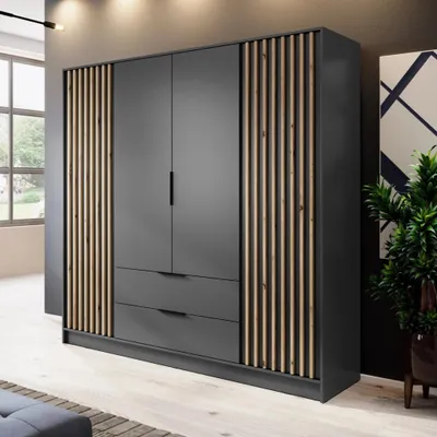 Produktbild von Kleiderschrank Stilo Graphit Grau mit Lamellen – 206 cm, 4 Türen, 2 Schubladen, Loft Design XXL