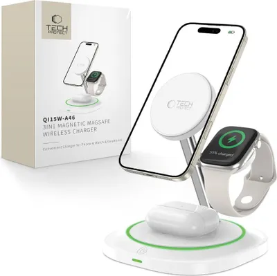 Obrázok produktu pre Tech-Protect Qi15W-A46 3v1 magnetická bezdrôtová nabíjačka Magsafe biela