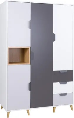 A three-door wardrobe with a central dark gray door, a white door on the right, and a white door with a wooden shelf on the left. It has three drawers on the right side.