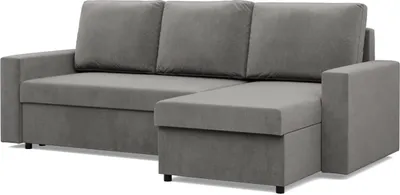 A gray sectional sofa with a chaise lounge is shown against a white background.