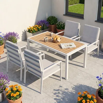 Produktbild von MeXo Gartenmöbel-Sets Essgruppe mit dicke Kissen & Großer Esstisch für 4 Personen, Outdoor Indoor, Balkon/Garten/Terrasse(Sitzgruppe, Aluminiumrahmen)