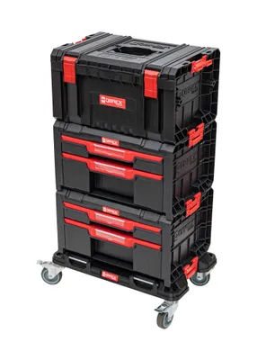 A stack of black and red toolboxes with wheels.