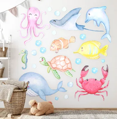 Produktbild von Meerestiere – Wandgestaltung – Wandbilder Kinder – Motivtapeten Set – Wanddekor Kinderzimmer – Selbstklebende Wandsticker – 80x113 cm