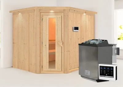 Produktbild von Karibu Sauna Innensauna Malin Eckeinstieg Ofen 9 kW  externe Strg easy 245x210x202 cm mit Dachkranz mit Energiespartür