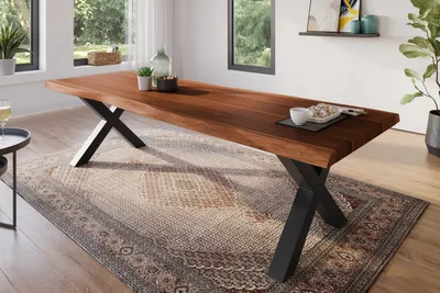 Produktbild von Esstisch 300 x 100 cm Akazie massiv nussbaum Baumkantentisch X-Gestell schwarz ATLAS