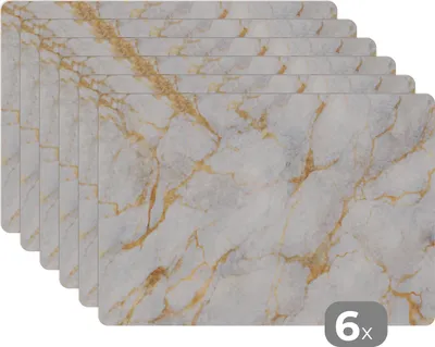 Obrázok produktu pre MuchoWow® Podložky Sada 6 podložiek Umývateľné podložky 30x45x0.3cm Mramor - biely - zlatý - abstraktný Podložka pod stôl Nekĺzavá a odolná voči teplu
