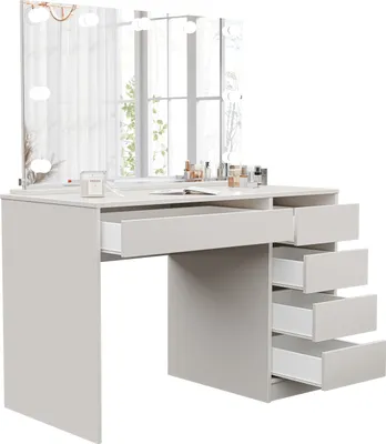 Produktbild von Idohome Schminktisch mit Spiegel, Schminkkommode modern, Frisiertisch mit Schubladen, Kosmetiktisch mit Beleuchtung, Schmuckschrank in Kaschmir BELLA
