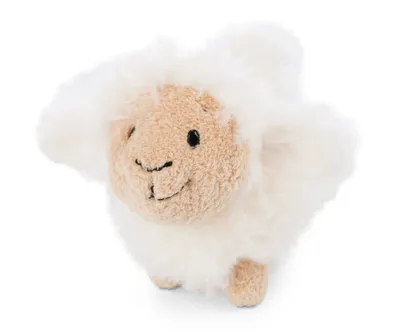 A plush sheep toy is shown against a white background.