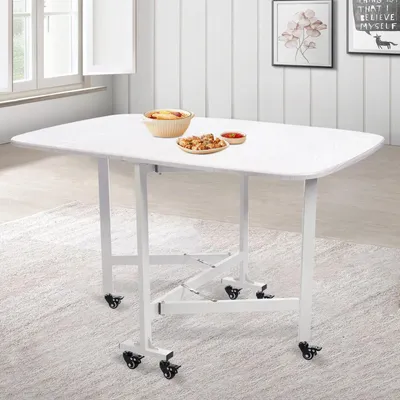 Image de Table à manger pliante - Table de cuisine sur roulettes - Peu encombrante - Mobile - Multifonctionnelle - 6 roulettes avec freins - Blanche