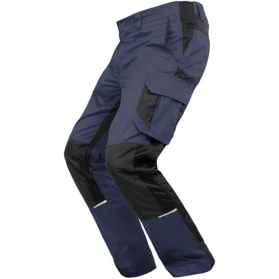 A pair of navy blue and black work pants shown from the side.