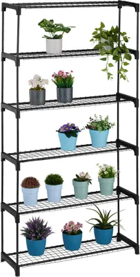 Zdjęcie produktu dla Półka na kwiaty Relaxdays, 6 półek, doniczki na kwiaty i rośliny, metal i tworzywo sztuczne, wymiary: 174 x 91 x 28 cm, półka na zioła, czarna