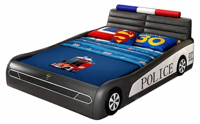 Image de Lit pour enfant en forme de voiture de police, noir, avec éclairage LED, idéal pour les garçons