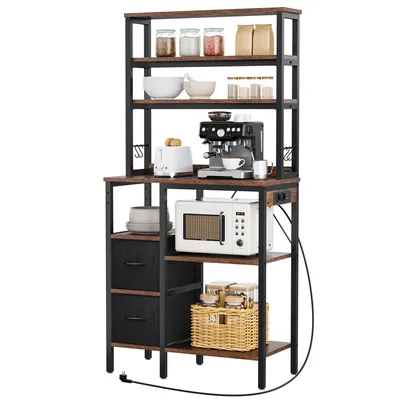 Produktbild von Küchenregal mit Steckdosen, Kaffeebar, Standregal mit 2 schubladen, Mikrowellen-Regal, 80 x 40 x 168 cm, Braun