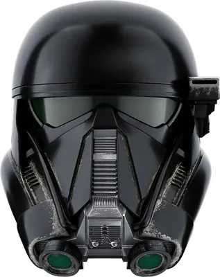 A close-up, front-facing view of a black Imperial Death Trooper helmet.