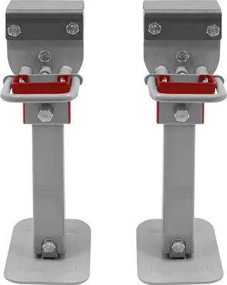 Zdjęcie produktu dla Zestaw 2 sztuk podnośników/podpór do kamperów, przyczep kempingowych, przyczep – hydrauliczne – nośność 1–2 t – wysokość 42–56 cm – uchwyt obracany o 90° – stal węglowa – kolor pomarańczowy