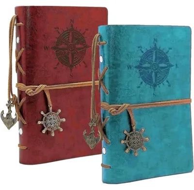 Productafbeelding van 2 stuks notitieboekje van kunstleer, formaat A5, retro/vintage stijl, met spiraalbinding, navulbaar, blauw en rood