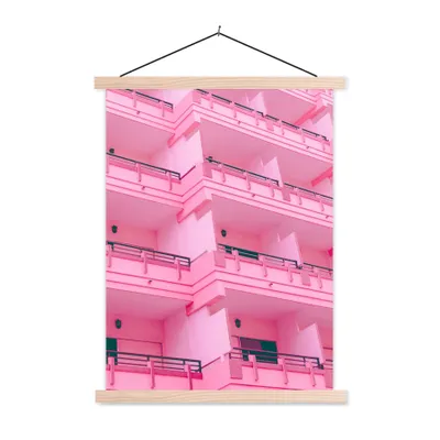 Produktbild von MuchoWow® Textilposter Balkon - Sommer - Rosa - Architektur 40x53 cm mit holzfarbenen Rahmen - Schlafzimmer