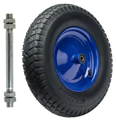 Image de GARRONDA Roue de rechange brouette 4.80/4.00-8 Roue de brouette Ø 390 mm Pneumatique 6PR Pneu jusqu'à 250 kg avec essieu Jante en acier Roulement à billes pour chariot de jardin Cour Chantier GD-0163, Noir-Bleu