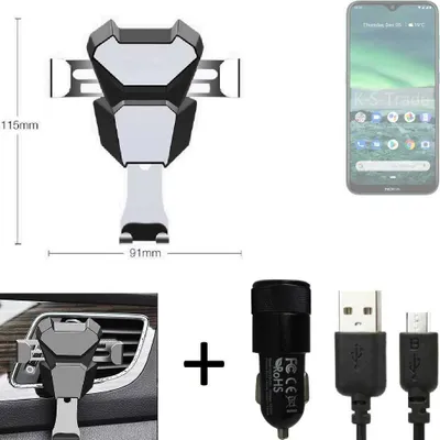 Produktbild von K-S-Trade KFZ Halterung kompatibel mit Nokia 2.3 Halterung Lüftungshalterung Lüftungsschlitz schwarz-silber Autohalterung Handy inkl. KFZ Ladegerät