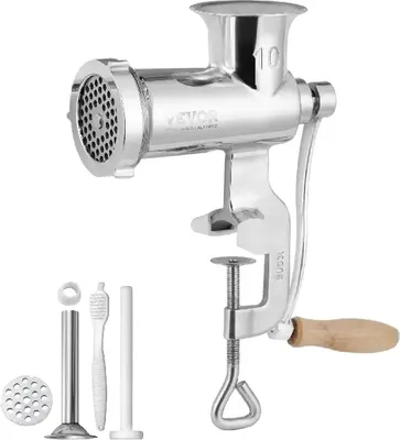 Produktbild von Fleischwolf, 304 Edelstahl, Einlass 3,3 Zoll, Auslass 3,1 Zoll, Griff Länge 6,9 Zoll, Produktgewicht 6 lbs