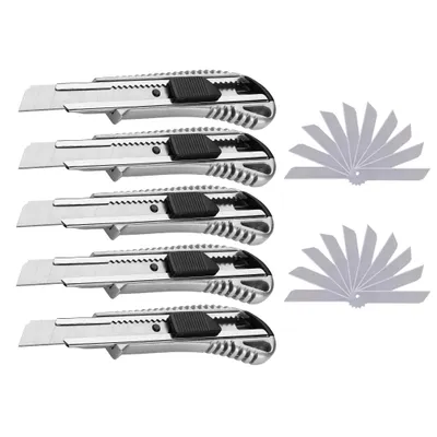 Produktbild von Cuttermesser 18 mm 5 Stück + 20 Ersatzklingen Aluminium Druckguss Profi Teppichmesser Tapetenmesser