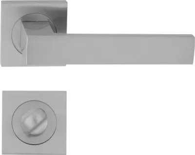 Produktbild von DOMINO Türgriff Drückergarnitur WC - Badezimmer Set | mit quadratischen Rosetten | für Badezimmertüren | Set WC - Rosetten-Garnitur | Türbeschläge aus Aluminium | Satin Chrom Light Türdrückergarnitur| QUBIK-QR M45