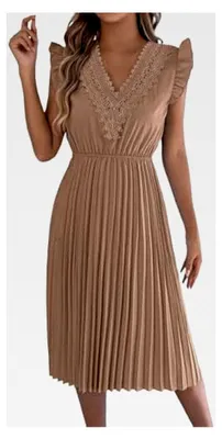 Produktbild von Damen Kleid Spitzenkleid Elegant Faltenkleid Einfarbig A-Linie Midikleid Sommerkleid Leicht Plisseekleid Ärmellos Rüschen Lässiges Partykleid V-Ausschnitt Tunikakleid