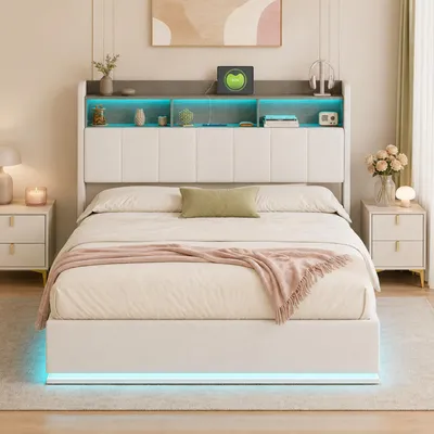 Immagine prodotto di Letto imbottito INONEFT 140x190 cm con LED e porta USB di tipo C, letto con struttura a molle, rete a doghe e contenitore, letto matrimoniale per giovani con sistema idraulico per lo spazio contenitivo, rivestito in velluto bianco